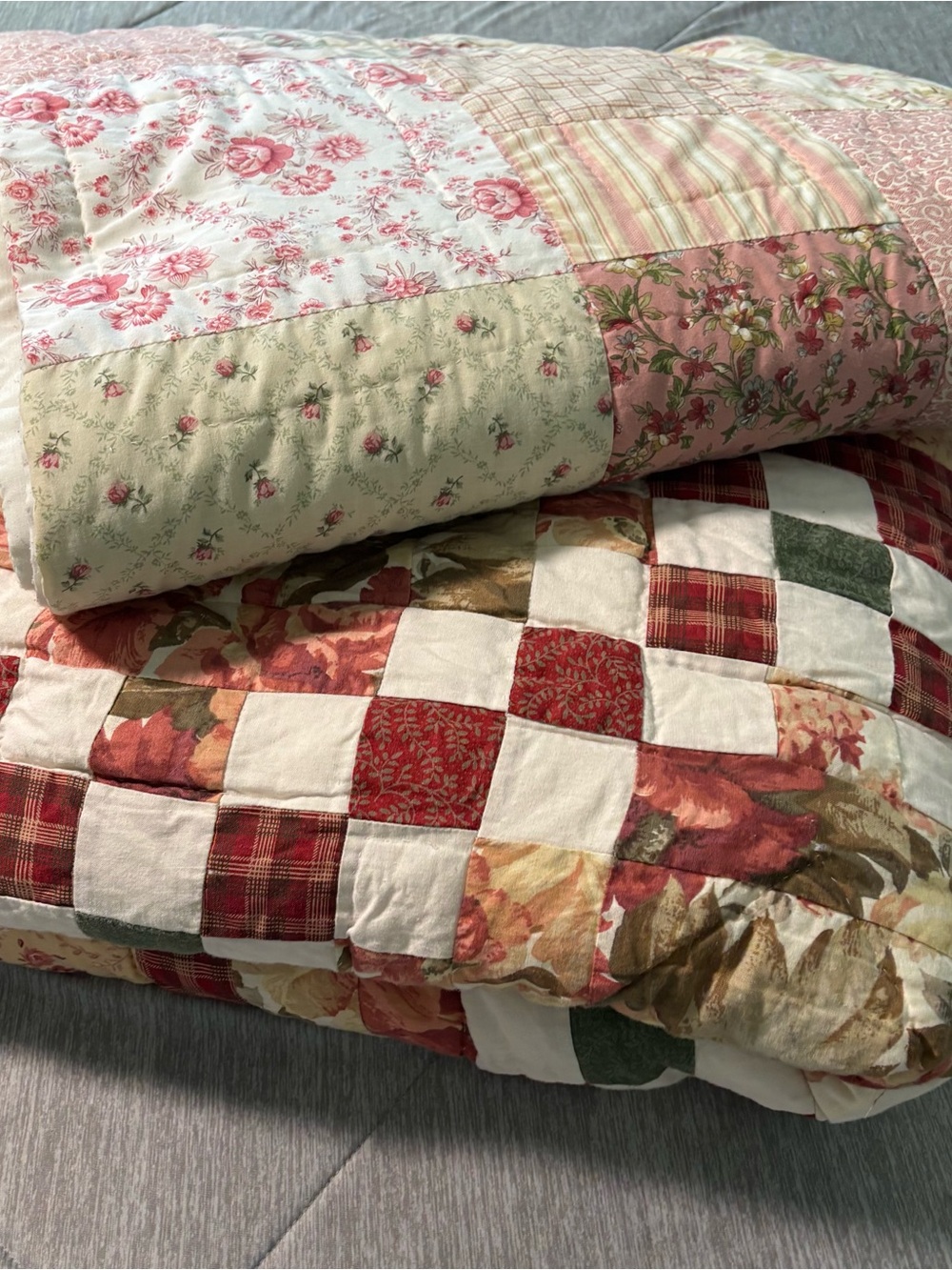 Lot Of Two Handmade Patchwork Vintage Queen Size Quilts- Cottagecore Floral Read